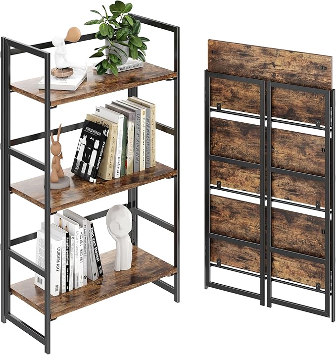 BHG Vintage Multifunctional Folding Bookshelf, No-Assembly Plant Stand Storage Rack Shelves for Home Office (Fire, 3-Tier)-NeatNest