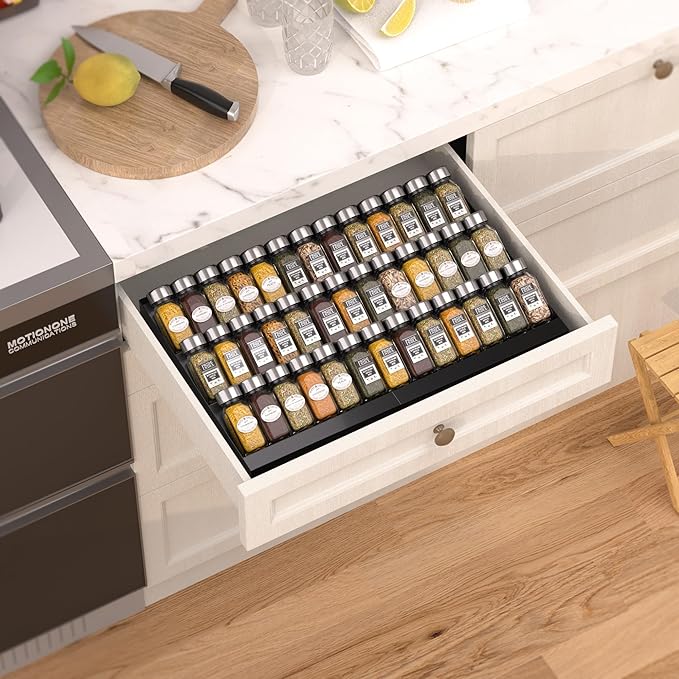 Expandable Metal Spice Drawer Organizer,3-Tier Slanted Seasoning Jars Tray for Kitchen Cabinet Drawers Insert/Countertop (Jars not included)-3Tier,1pack/Black-NeatNest