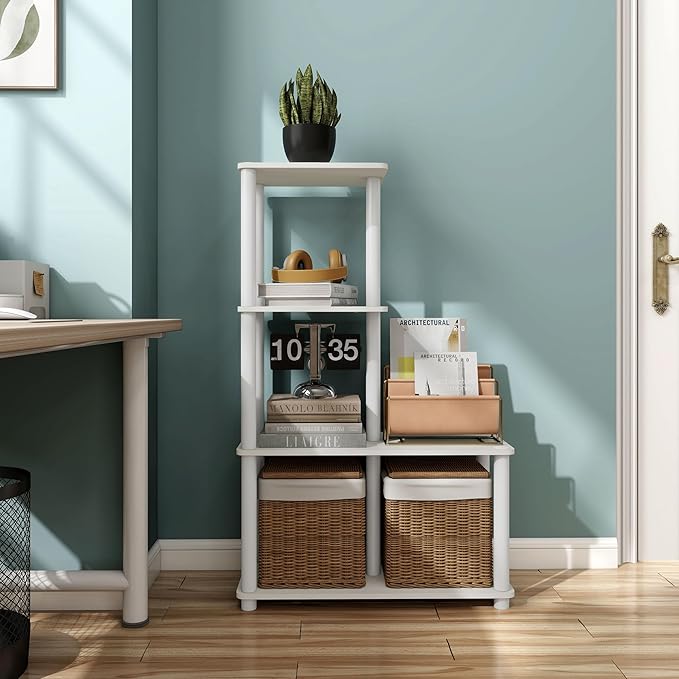 HOMES: Inside + Out Apexa Modern 4-Cube Ladder Shelving Units, Collectibles Display Shelves, Easy Assembly Standing Shelf, Home Storage Organizer for Living Room, Bedroom, Office, White