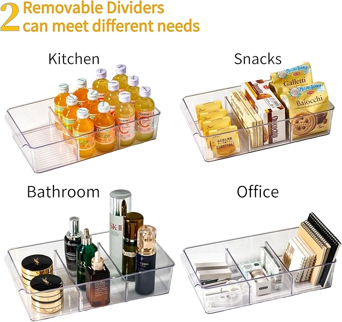 vacane Plastic Pantry Organization and Storage Bins with Removable Dividers, Pantry Organization Refrigerator Organizer Bins, Cabinet Organizers, 2 Pack 13.8" XL