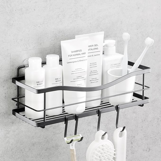 KINCMAX Premium Shower Caddy - Adhesive Bathroom Shower Organizer and Storage w/ 4 Hooks, No Drill Shower Shelves for Inside Shower, Rustproof Stainless Steel Shower Rack, Accessories Holder, Black