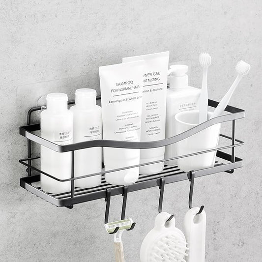 KINCMAX Premium Shower Caddy - Adhesive Bathroom Shower Organizer and Storage w/ 4 Hooks, No Drill Shower Shelves for Inside Shower, Rustproof Stainless Steel Shower Rack, Accessories Holder, Black