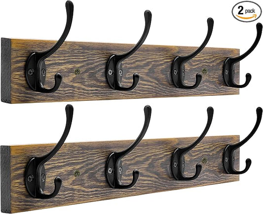 IBosins Wall Mounted Coat Rack, 2 Pack Metal Wood Coat Rack with 8 Black Rustic Hooks for Scarf, Bag, Towel, Key, Cap, Cup, Hat-NeatNest