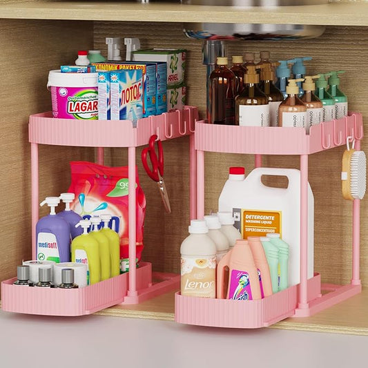 2 Pack Multi-Purpose Pull-Out Storage Organizers, Under Sink Organizers and Storage for Bathroom & Kitchen, Under Cabinet Organizers and storage, 14.8 Inch, Pink-NeatNest