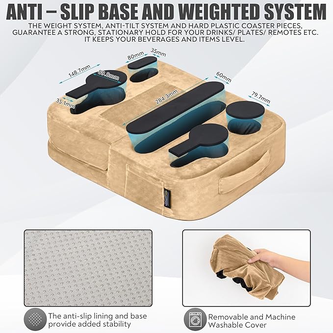 Couch Cup Holder Tray Pillow - Bed, Couch Caddy, Sofa, RV & Car - Holds Drinks, Snacks, Remotes, Phones, Kindle, Tablet | Bed Cup Holder (Beige)-NeatNest