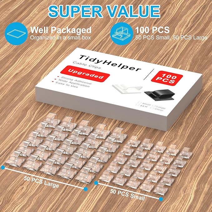 100 PCS Outdoor Light Clips Clear (Small & Large), Adhesive Cable Clips for Wall Wire Holder Cable Management Cord Organizer, Christmas Light Hooks for LED String Lights, Car Dash Cam, Extension Cord-NeatNest