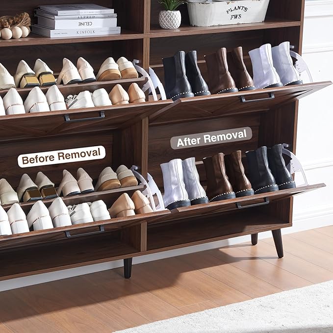 Shoe Storage Cabinet,Farmhouse Shoe Organizer with 4 Flip Drawers & Barn Door Design,Freestanding Hidden Slim Narrow Shoe Rack Cabinet with Open Shelves for Entryway,Foyer,Hallway,Walnut-NeatNest