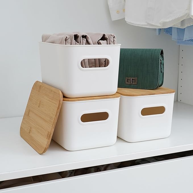 Citylife 4 PCS Storage Bins with Bamboo Lids Plastic Storage Containers for Organizing Stackable Storage Box with Handle, 10.23 x 7.08 x 6.3 inch-NeatNest