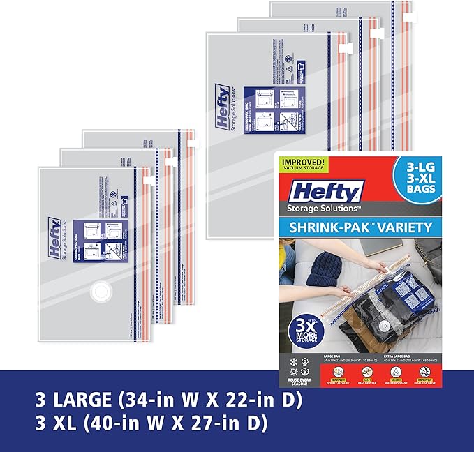 Hefty Shrink-Pak Vacuum Storage Bags - Space Saver for Under Bed Storage, Clothing and Comforters, Odor Resistant, 3X More Storage Space - 3 Large, 3 XL Bags-NeatNest