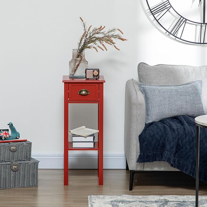 HOMCOM 2-Tier Side Table with Drawer, Narrow End Table with Bottom Shelf, for Living Room, Set of 1, Red
