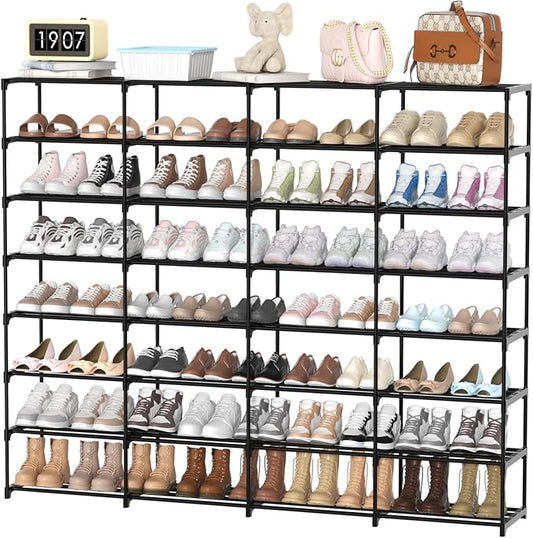 Large Shoe Rack Organizer, 4-Row 8-Tier Tall Shoe Storage Shelf for Closet, Entryway, Garage, Metal Free Standing Shoe Holder for 56-64 Pairs Shoes, Sturdy Stackable Shoe Stand for Bedroom-NeatNest