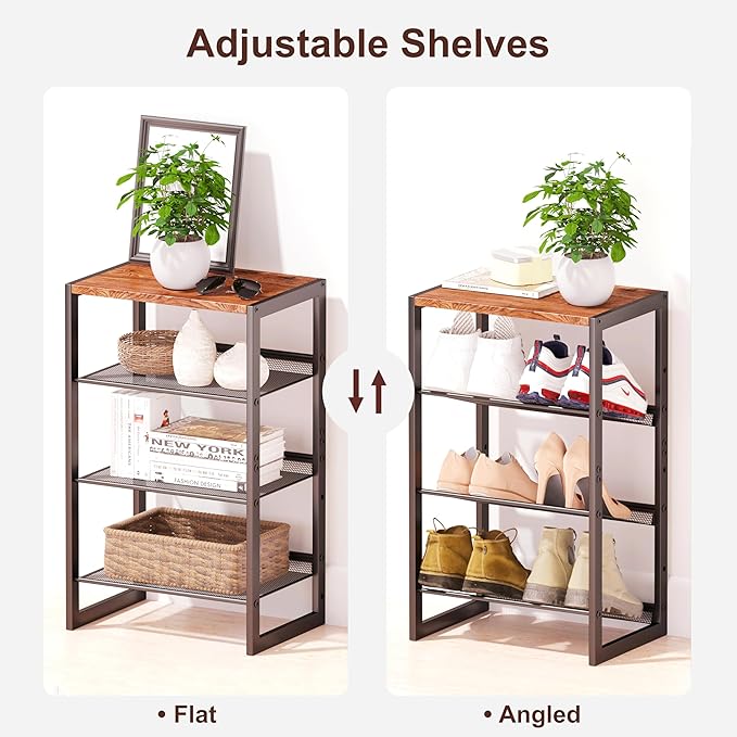 Narrow 4-Tier Shoe Rack, Slim Space-Saving Shelf with Decorative Wood Top & Steel Mesh, Entryway/Closet/Dorm Organizer, 16.5x11.8x27.9 Inches-NeatNest