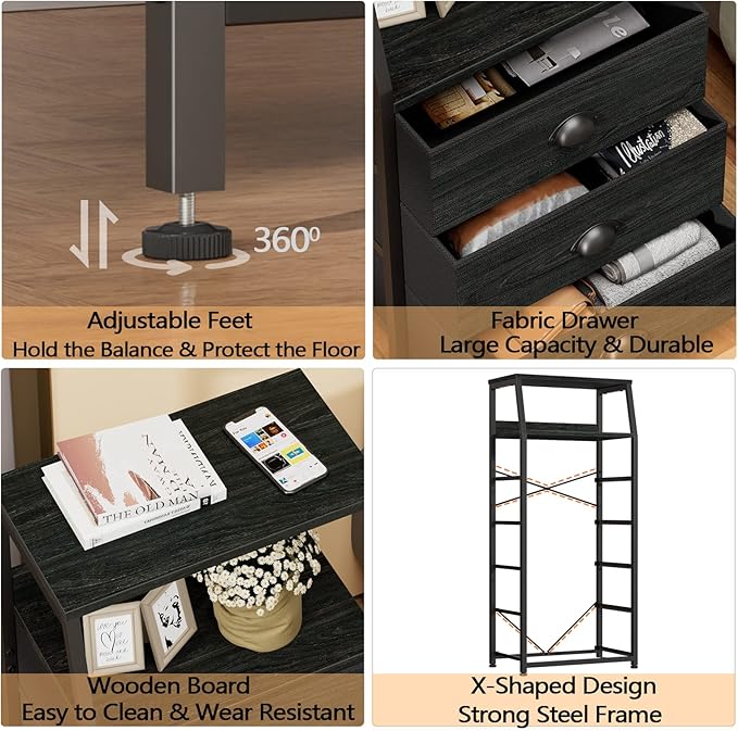 Furnulem Black Dresser with 5 Drawers, Vertical Storage Tower Fabric Dresser for Bedroom, Hallway, Entryway, Nursery, Closet Organizer, Nightstand Bedside Table Furniture, Sturdy Steel Frame, Wood Top-NeatNest