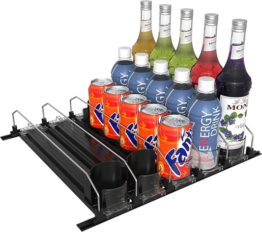 5 Rows Drink Organizer for Fridge, 15'' Soda Can Dispenser for Refrigerator with Pusher Glide, Width Adjustable Fridge Can Organization Hold Up to 25 Cans (Black)