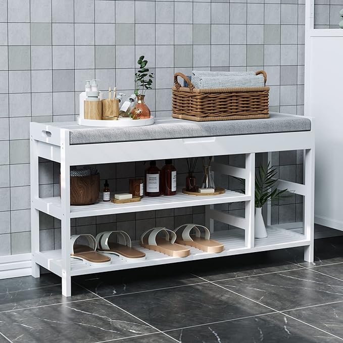 HIFIT Bamboo Shoe Bench Rack with Storage, Entryway Storage Bench with Padded Seat, Shoe Oiganizer Shelf for Entryway Mudroom Bathroom, White