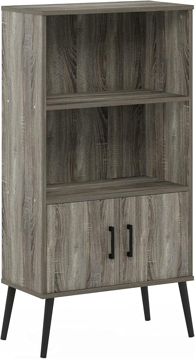 Furinno Claude Mid Century Style Accent Wooden Leg Bookcase Cabinet with Storage Organizer Shelves, French Oak Grey