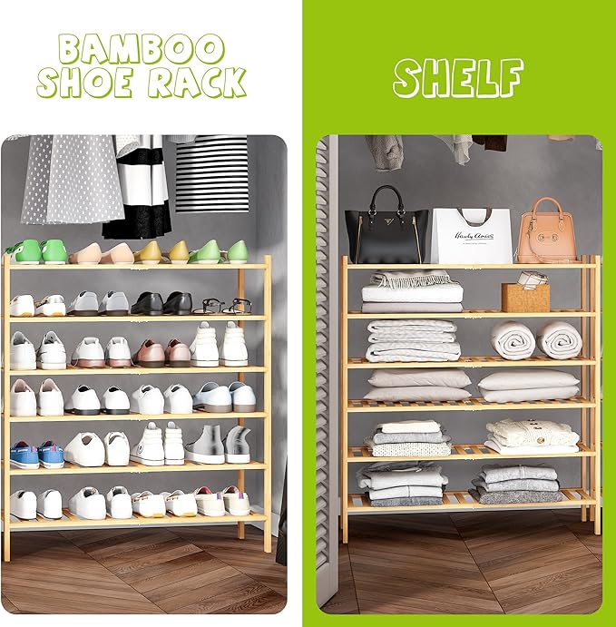 BMOSU 6-Tier Bamboo Extended Shoe Rack Premium Stackable Shoe Shelf Storage Organizer for Hallway Closet Living Room Entryway Organizer (Natural Bamboo)-NeatNest