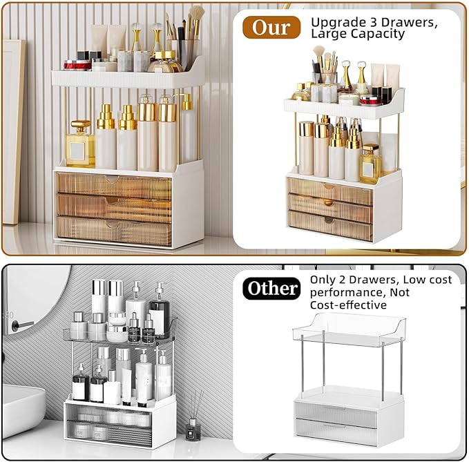3 Drawers Makeup Organizer - 5 Tier Bathroom Organizers and Storage, Versatile Perfume Vanity Organizer, Ideal for Cosmetic, Large Skincare, Face Mask, Office Supplies, Amber-NeatNest