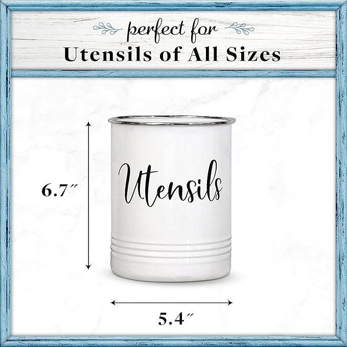 Home Acre Designs Vintage Farmhouse Utensil Holder - Stylish Countertop Organizer and Kitchen Decor Caddy - Stainless Steel Rim - White-NeatNest
