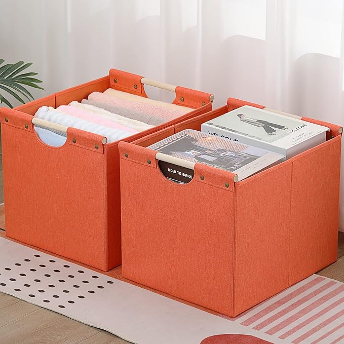 HOONEX Large Collapsible Storage Bins, Linen Fabric, Pack of 2, Storage Baskets with Wooden Carry Handles and Sturdy Heavy Cardboard, for Home, Office, Car, Nursery, Orange