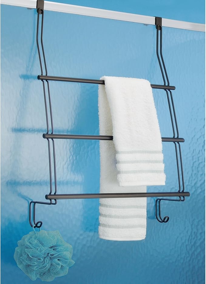 iDesign Classico Steel Over-The-Door Towel Rack with Storage Hooks - 16.75" x 4.25" x 24", Bronze