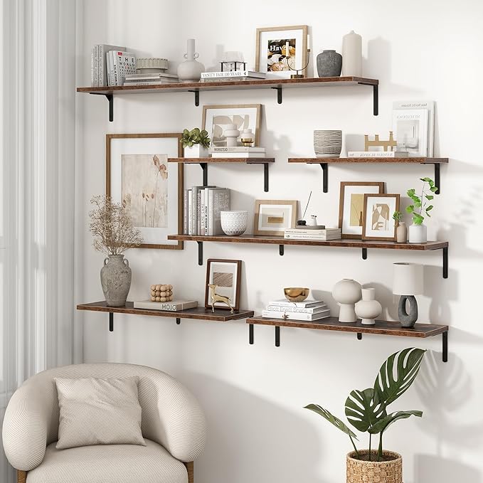 Fun Memories Deep Floating Shelves, 16W x 8D Floating Shelves Set of 2, Wall Mounted Shelf with Metal Brackets, Rustic Wood Wall Shelf for Bathroom, Kitchen and Living Room, Rustic Brown-NeatNest