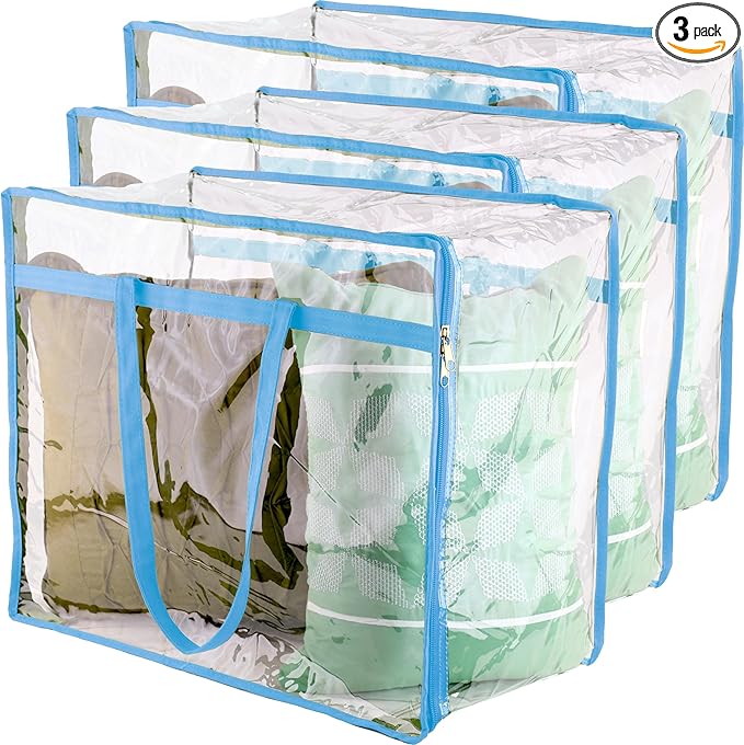 Clear Vinyl Zippered Storage Bags (3-Pack) 40L Sturdy Storage Bags for Sweaters, Blankets, Comforters, Bedding Sets and Much More! (Light Blue, 18x15x9)-NeatNest