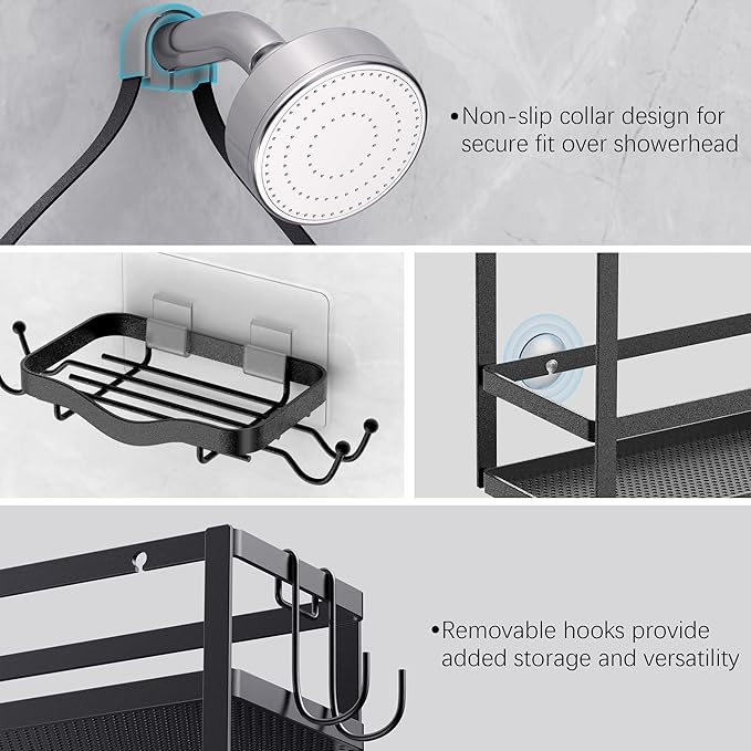 Meangood Shower Caddy Organizer with Soap Holder,Mounting Over Shower Head Or Door,Extra Wide Space for Shampoo, Conditioner, and Soap with Hooks for Razorsand More, Matte Black