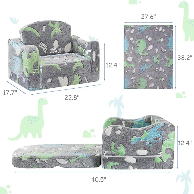 Comfy Toddler Chair and Couch for Kids with Blanket,2-in-1 Soft Plush Fold Out Toddler Couch for Girls and Boys,Convertible Sofa to Lounger for Playroom,Gray Dinosaur-NeatNest