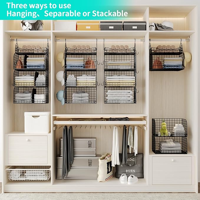HapiRm Hanging Closet Organizer Storage - 4 Tier Metal Stackable Hanging Closet Shelves with Dividers and S Hooks, Foldable Clothes Shelves for Clothes, Pants, Shoes, Coat, Hats Clutches Accessories