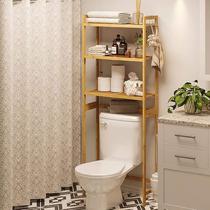 AMBIRD Over The Toilet Storage, 3-Tier Bathroom Organizer Over Toilet with Sturdy Bamboo Solid Shelves, Non-Slip Pads and 3 Hooks, Multifunctional Behind Toilet Shelf Rack, Space Saver (Original)