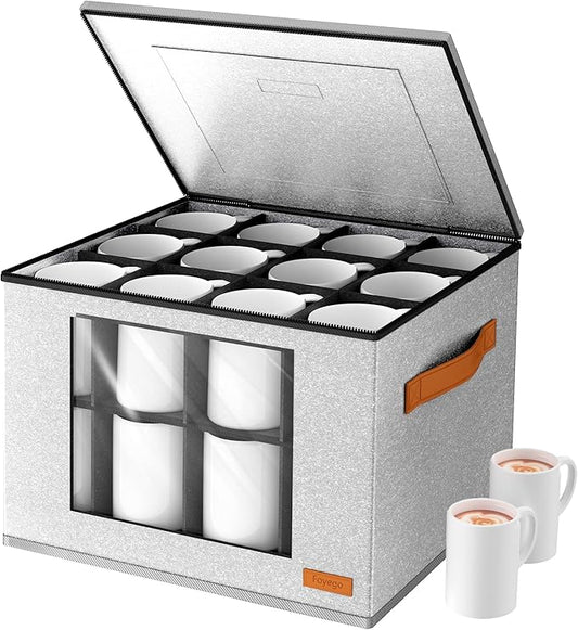 2-Layer Coffee Mug Storage Box with Dividers, Cup Storage Organizer with Zipper Lid and Handles, Stackable China Storage Containers Service for 24 Mugs, Cups and Glasses, Light Grey-NeatNest