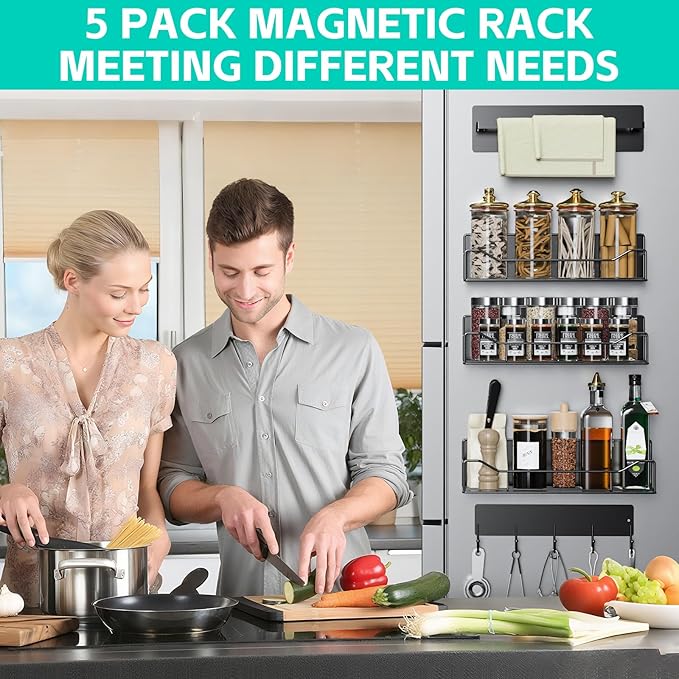 5 Pack Multifunctional Magnetic Shelves for Washing Machine & Refrigerator - Heavy Duty Laundry Room Organization System with Tool Hooks, Metal Storage Baskets (Black)