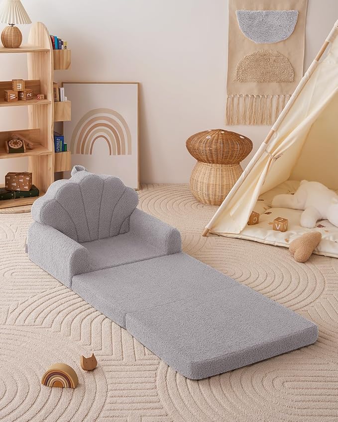 Blissful Diary Foldable Toddler Couch, 2-in-1 Comfy Toddler Chair & Lounger for Reading, Nap, Playroom, Kids Couch Sofa for 1 2 3+ Year Old Girls Boys Baby Birthday Gift, Gray Shell-NeatNest