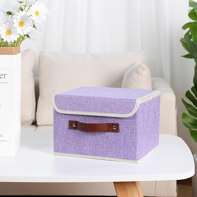ANMINY 4PCS Storage Bins with Lid PU Leather Handles Storage Boxes PP Plastic Board Decorative Foldable Lidded Cotton Linen Fabric Home Cubes Baskets Closet Organizer Containers - Purple, Small Size-NeatNest