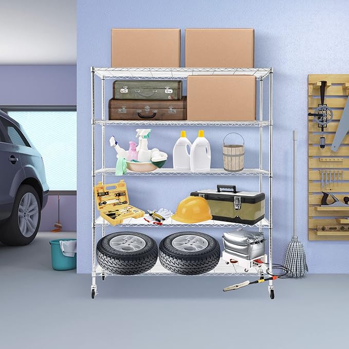 BNSPLY Commercial Wire Shelving Unit with Wheels, 5 Tier Adjustable Wire Shelves with NSF Certified, Heavy Duty Metal Storage Rack Shelf Unit for Kitchen, Garage (17.7" D x 59" W x 71" H, Chrome)-NeatNest