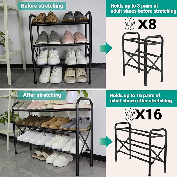 Shoe Rack for Small Closet, Black Shoe Organizer, Metal Adjustable Shoe Stand for Entryway Closet Doonway-NeatNest