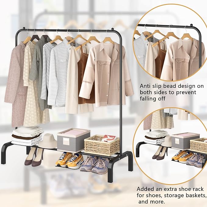 Clothes Rack Metal Clothing Rack with Bottom Shelf Garment Rack for Hanging Clothes Shirts Jeans and Coats Black-NeatNest