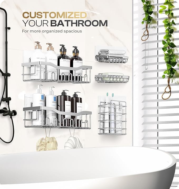 Luxury Style 5 Pack Stainless Steel Adhesive Shower Caddy Set - Rustproof Bathroom Organizer with Large Capacity Storage| No Drilling Shelves Shower Caddy Organizer | Bathroom Decor (Shiny Silver)