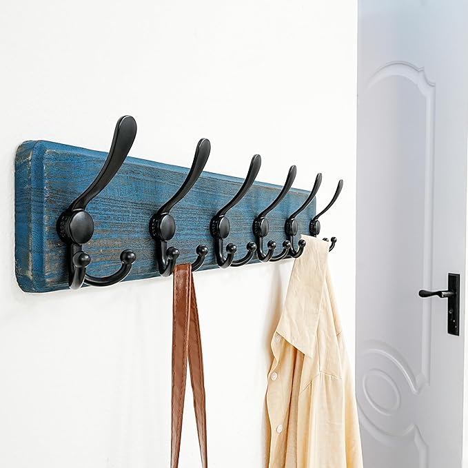 Dseap Coat Rack Wall Mounted - 24" Long 6 Tri Hooks, Heavy Duty Wooden Wall Coat Hanger Coat Hook for Clothes Hat Jacket Clothing, Weathered Blue and Black, Pack of 2