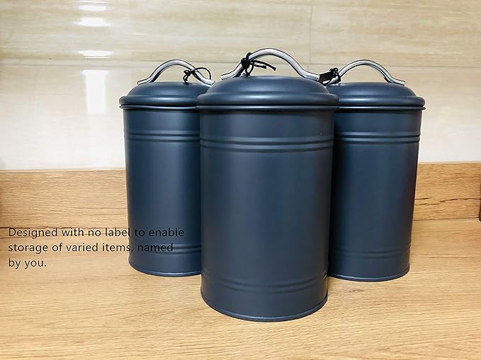 Airtight Kitchen Canister with Lid, Rustic Farmhouse Decor Container for Dry Food Sugar Coffee Tea, Charcoal Gray Metal Countertop Storage Jar (7.87''H x 4.3''Dia.)