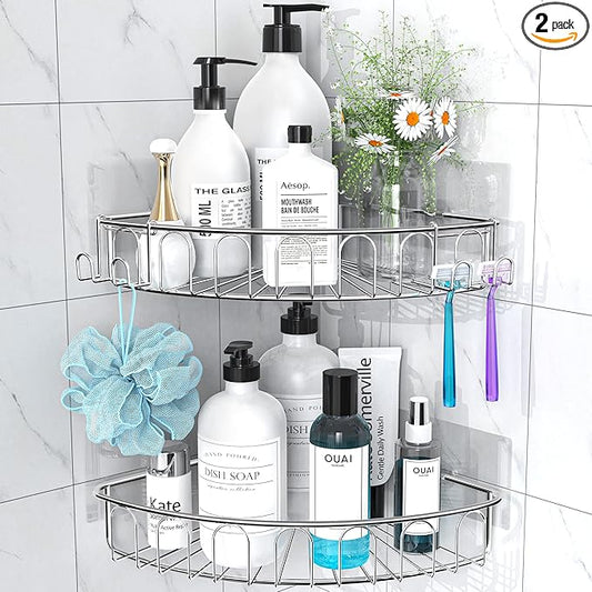 Orimade Corner Shower Caddy Stainless Steel with Hooks Wall Mounted Bathroom Shelf Storage Organizer Adhesive No Drilling 2 Pack, Silver Only for 90-Degree Corner