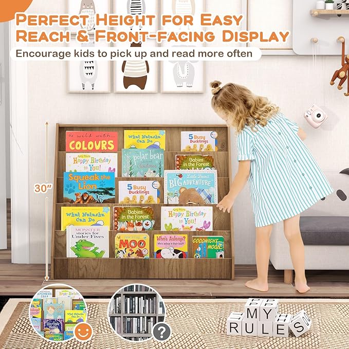 Costzon 5-Tier Kids Bookshelf, Wooden Children Bookcase, Toddler Book Rack, Magazine Storage & Display Shelf, Book Shelf for Kids Room, Living Room, Nursery, Classroom (Natural)-NeatNest