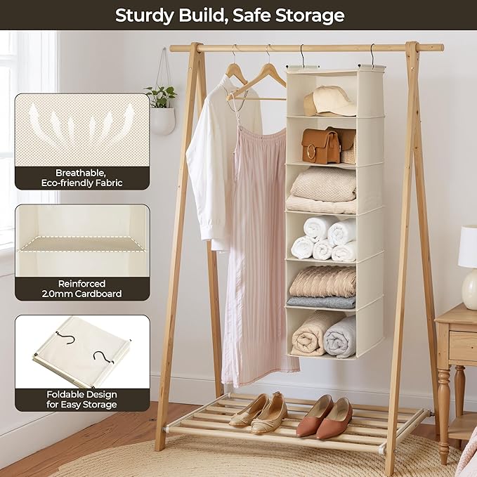 GRANNY SAYS 6 Shelf Hanging Closet Organizers and Storage, Collapsible Closet Hanging Organizer with 2 Sturdy Hooks, Large Hanging Shelves for Closet, College Dorm, Locker, Beige-NeatNest