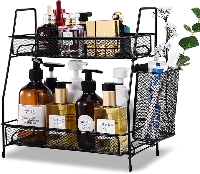 LEMIKKLE Countertop Organizer for Bathroom Counter, The Organizer for Bedroom, Spice Rack Organizer for Kitchen Counter Shelf with Small Basket(Black)-NeatNest