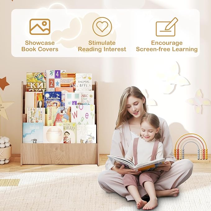 GLACER 4-Tier Kids Bookshelf, Wood Toddler Bookcase with Deep Magazine Display Shelf & Back Storage Space, Children Storage Organizer for Nursery, Playroom, Kids Bedroom, Classroom (Natural)