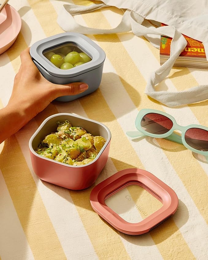 Caraway Mini Square Food Storage Container - 1.75 Cup Glass Storage Container for Food - Non-Toxic Ceramic-Coated Glass - Air Release Technology - Compact & Stackable Design - Mist-NeatNest