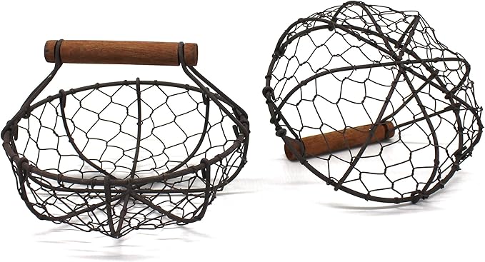 CVHOMEDECO. Chicken Wire Egg Baskets Rust Gathering Baskets with Wooden Handle Country Vintage Style Storage Baskets. Set of 2 (Round)-NeatNest