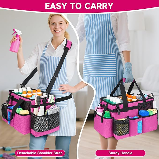 Cleaning Caddy Bag, Large Cleaning Supplies Organizer for Housekeepers, Housekeeping Caddy with Handle and Detachable Padded Cushion, Pink-NeatNest
