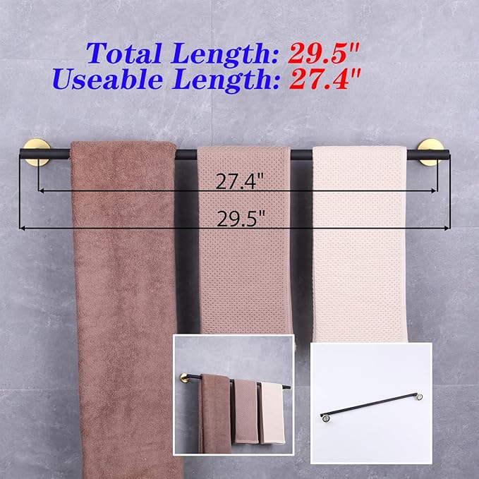 GERZWY Black & Gold Towel Bar, 30 Inch Stainless Steel Bathroom Wall Mounted Towel Rail, Hand Towel Holder AG1101C75-BD